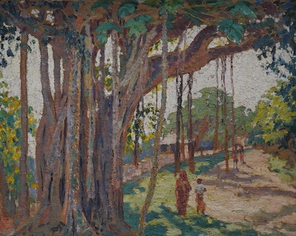 Miss Rachel Wheatcroft, ‘Banyan tree’, various labels verso, monogrammed, impasto oil on canvas, 39 x 49cm
